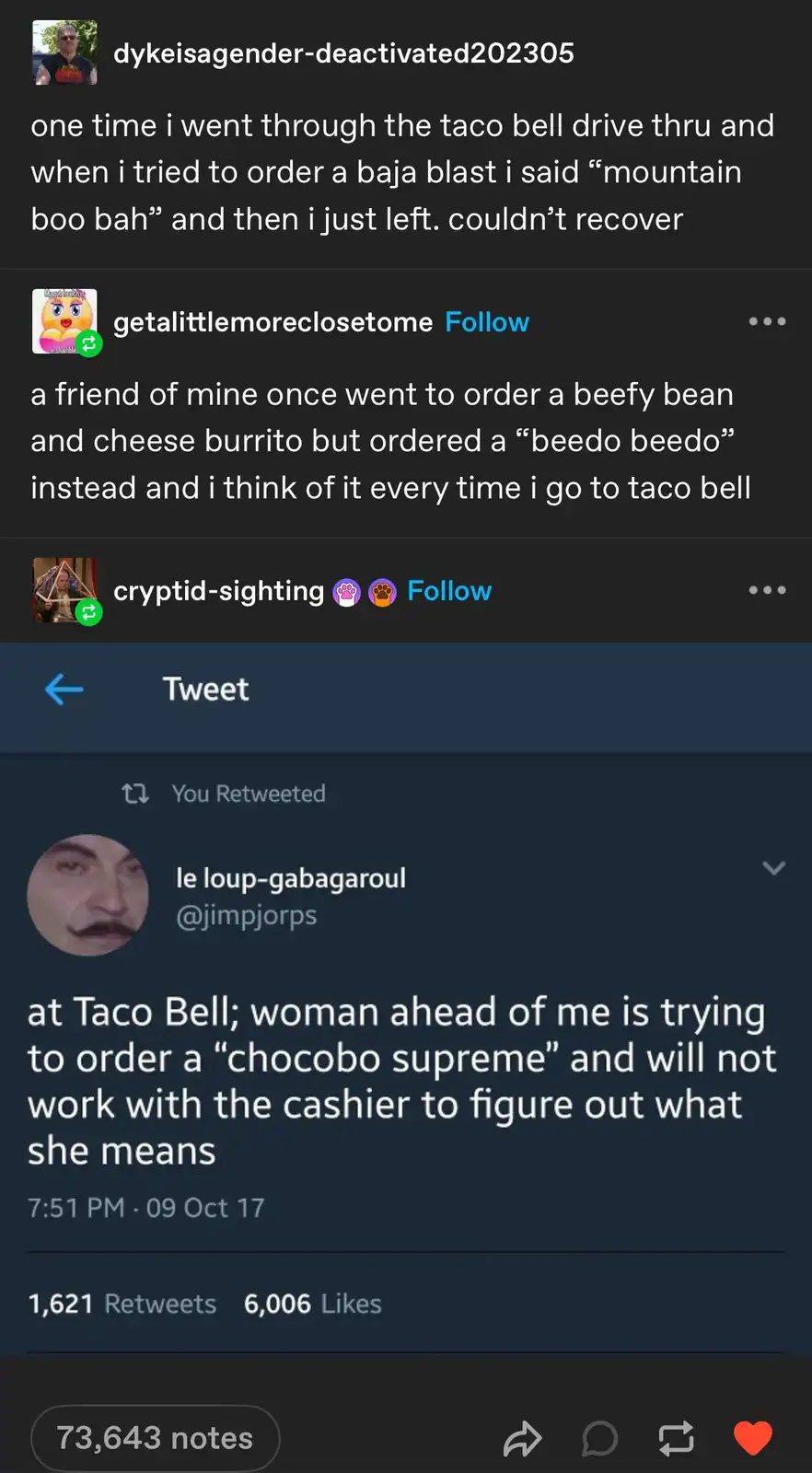 A screenshot of a social media post showing a retweet of a tweet from user 'le loup-gabagaroul' about a woman at Taco Bell…