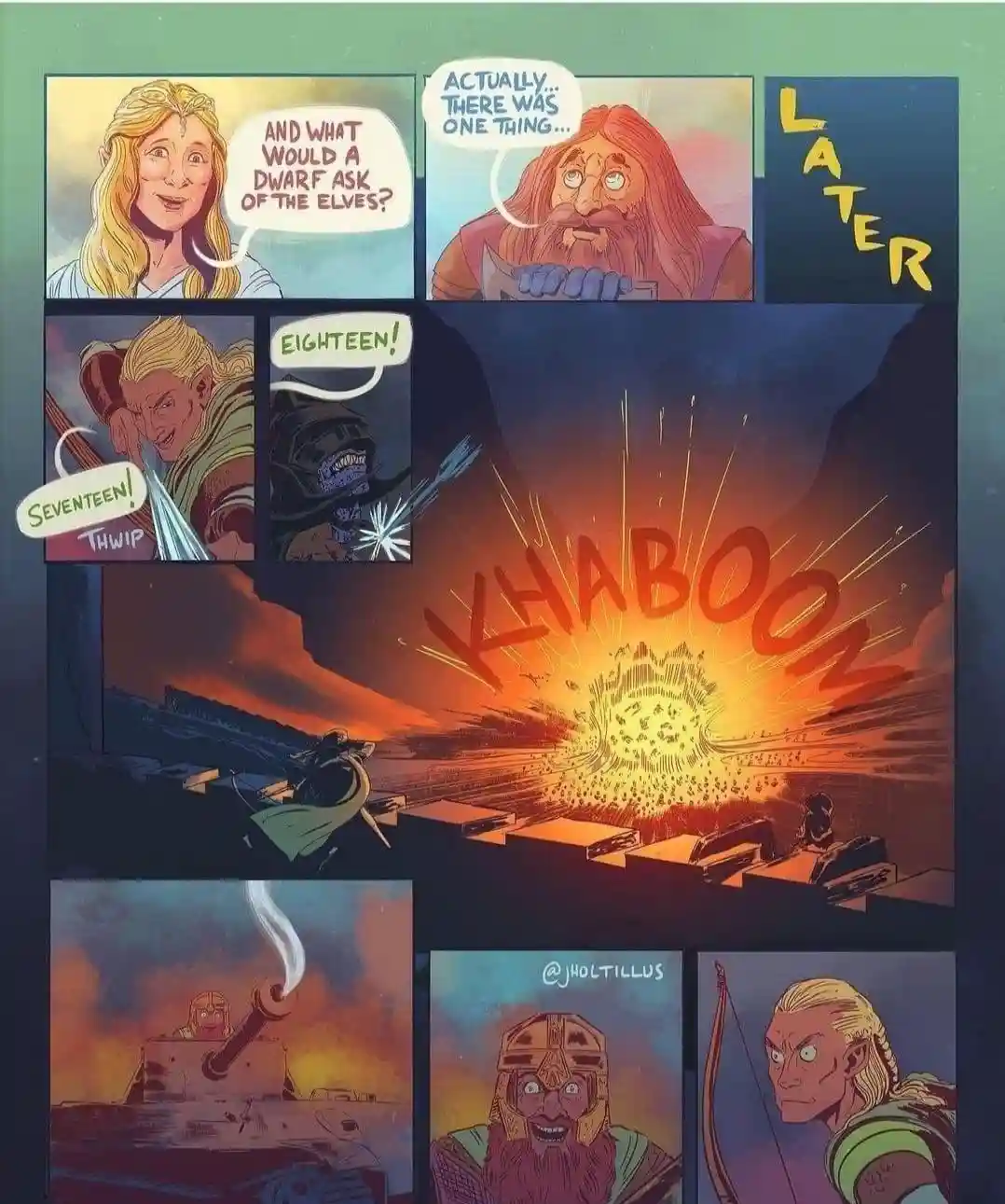 A comic strip panel shows an elf asking a dwarf what he'd ask of elves, leading to a dramatic explosion labeled 'KHA BOOM'…