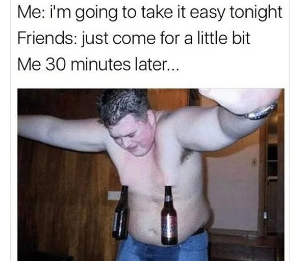A shirtless man with a beer bottle hanging from each side of his waist, arms spread wide, looking down with a tired or…