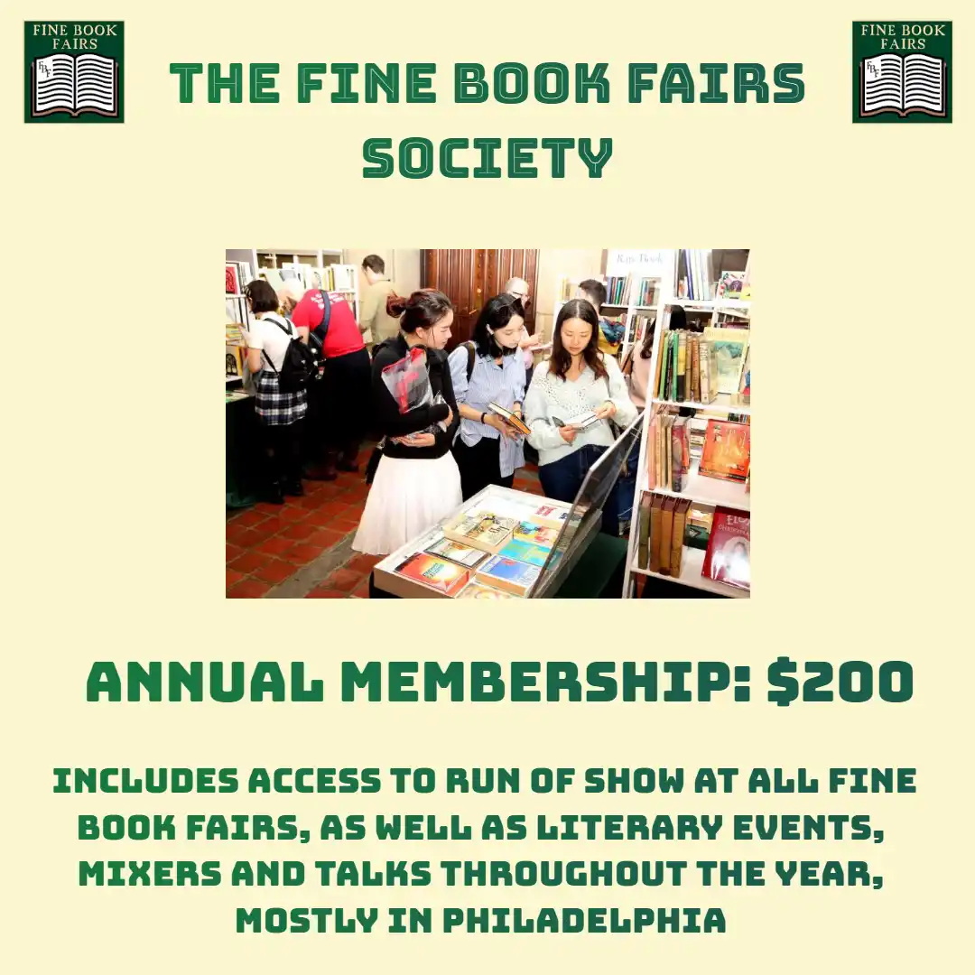 An image of people browsing books at a fair is overlaid with text advertising 'THE FINE BOOK FAIRS SOCIETY' for $200 annual…