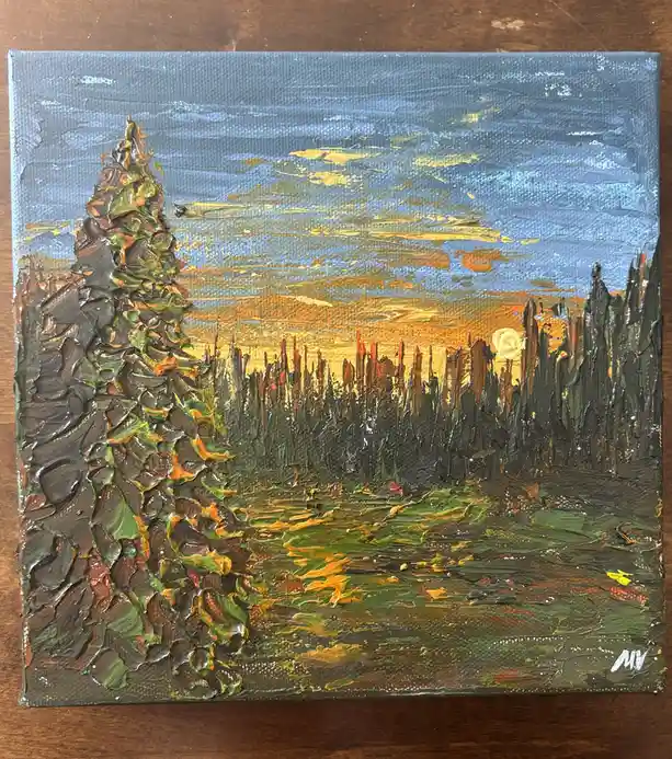 A textured, thickly painted oil painting on canvas depicts a forest scene at sunset or sunrise with a prominent tree on the…