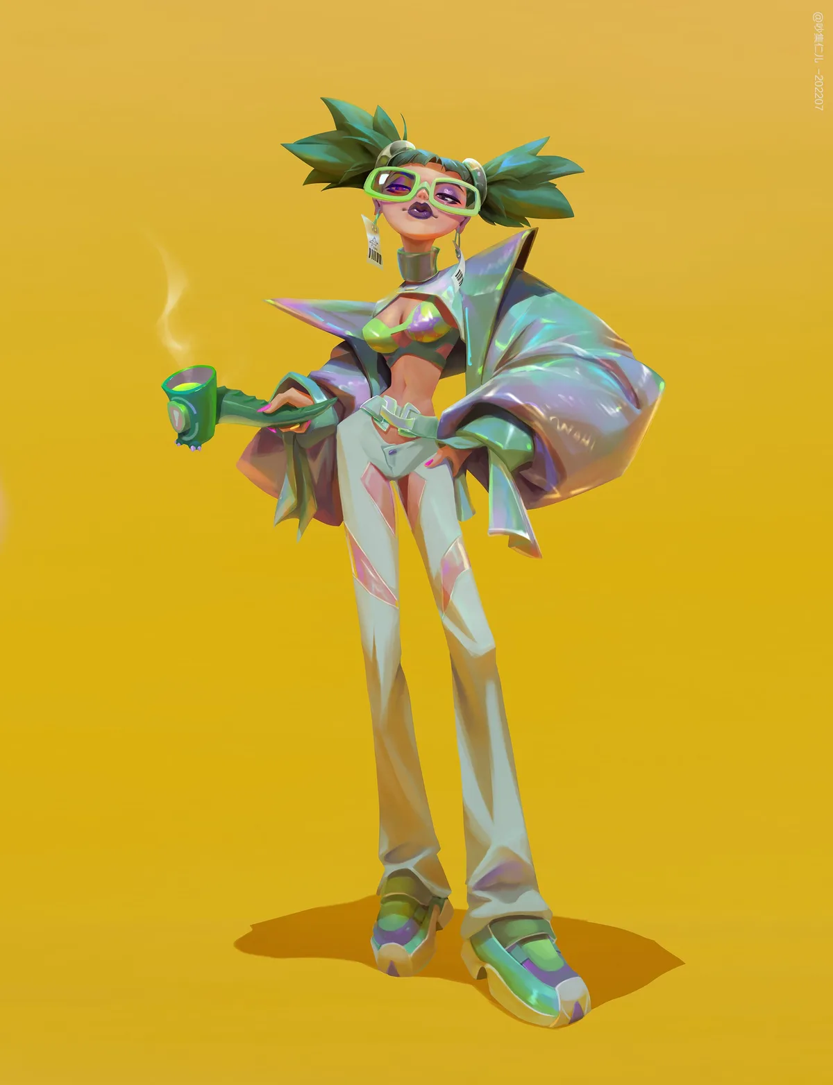 A stylized digital illustration of a woman with green leaf-like pigtails and oversized green glasses, wearing a futuristic…