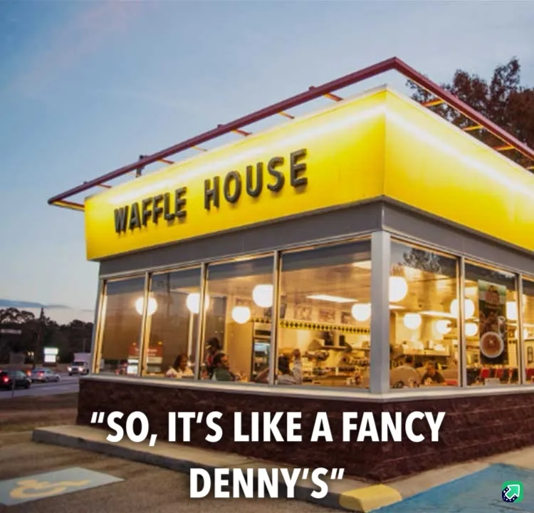 An exterior shot of a Waffle House restaurant at dusk, featuring its iconic yellow sign and large windows showing patrons…