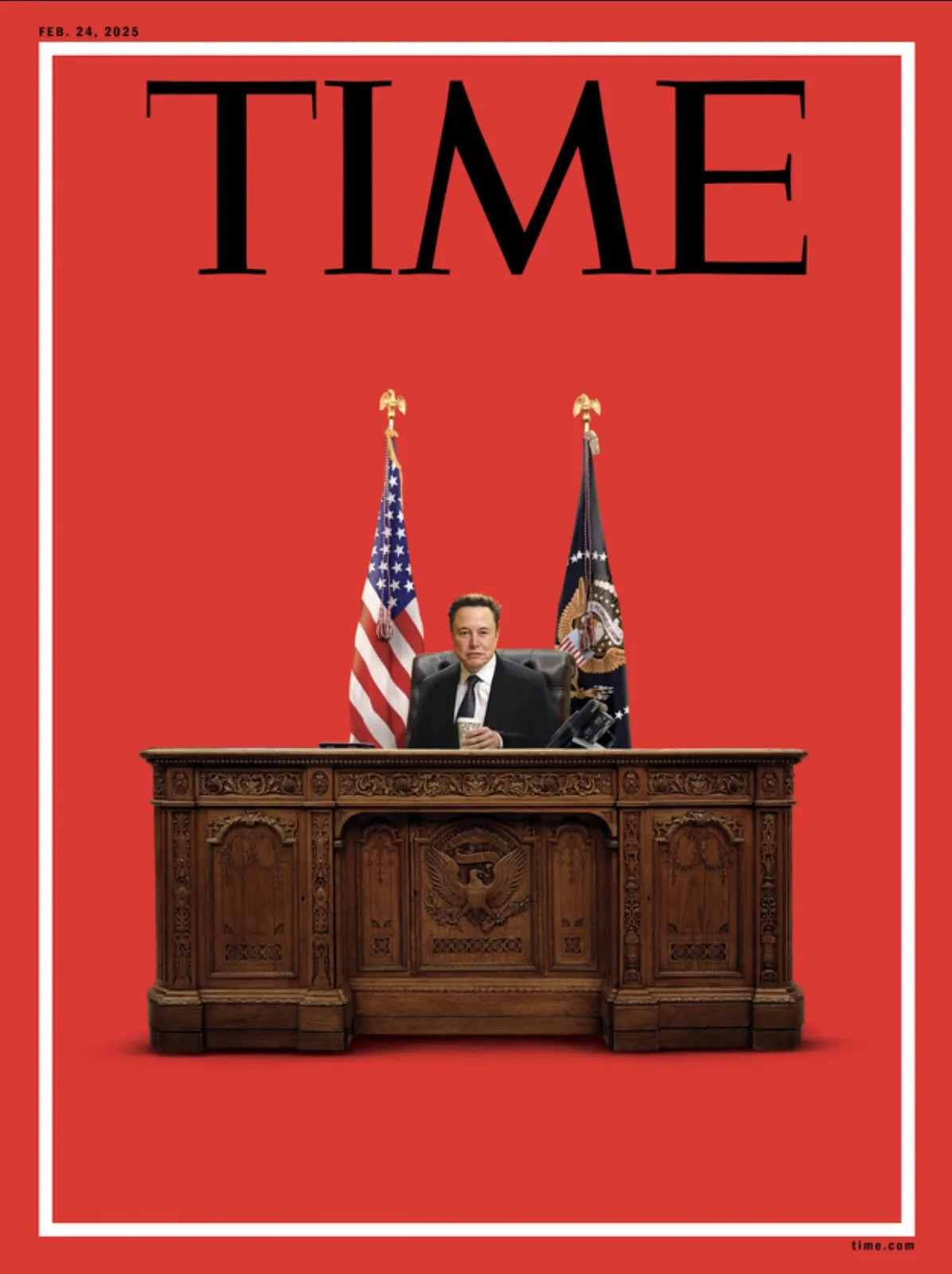 The image is a digitally altered TIME magazine cover dated Feb. 24, 2025, featuring a man resembling Elon Musk sitting at a…