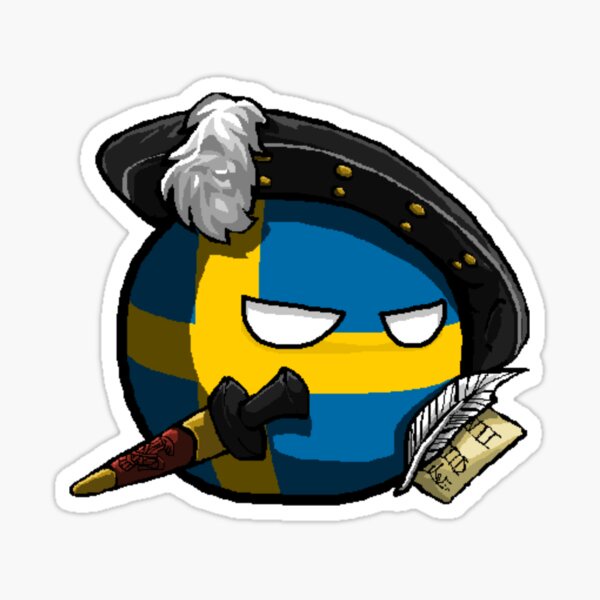 A cartoon ball with the Swedish flag pattern wears a black tricorn hat with a white feather and holds a sword and quill. The…