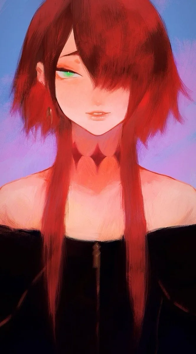 An anime-style illustration of a person with long red hair and one visible green eye, wearing a black off-the-shoulder top…