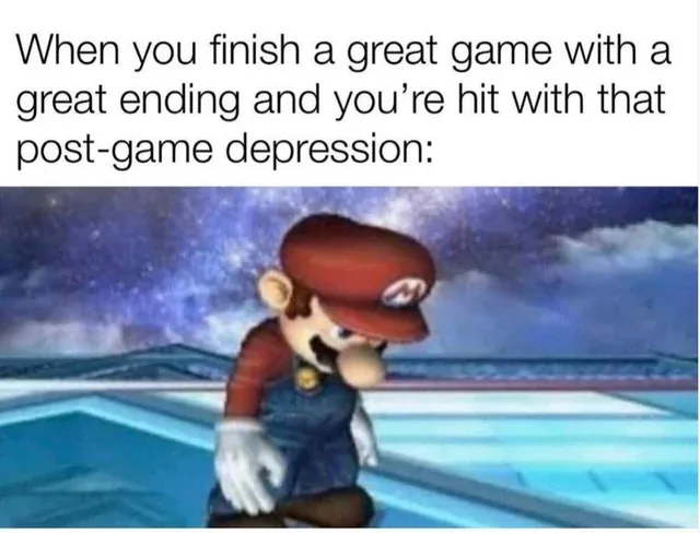 The image shows the video game character Mario, from the Super Mario series, standing on a rooftop under a starry night sky…