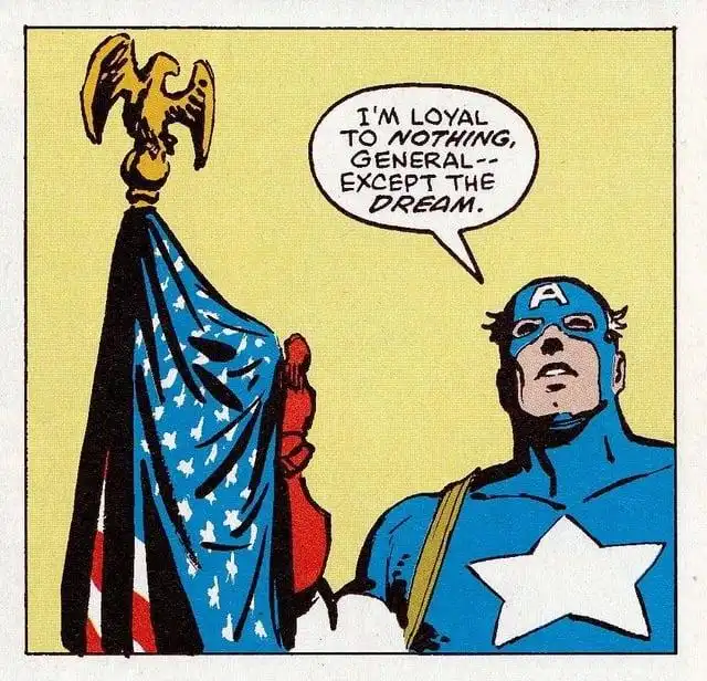 A comic book panel shows Captain America standing beside a draped American flag with an eagle finial. He looks upward and…