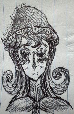 A hand-drawn, black-and-white sketch on lined notebook paper depicts a girl with large, teary eyes, a sad expression, and…