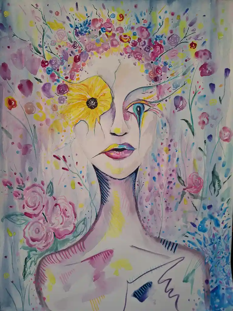 A colorful watercolor painting of a woman's face and upper torso, where one eye is replaced by a large yellow flower and the…