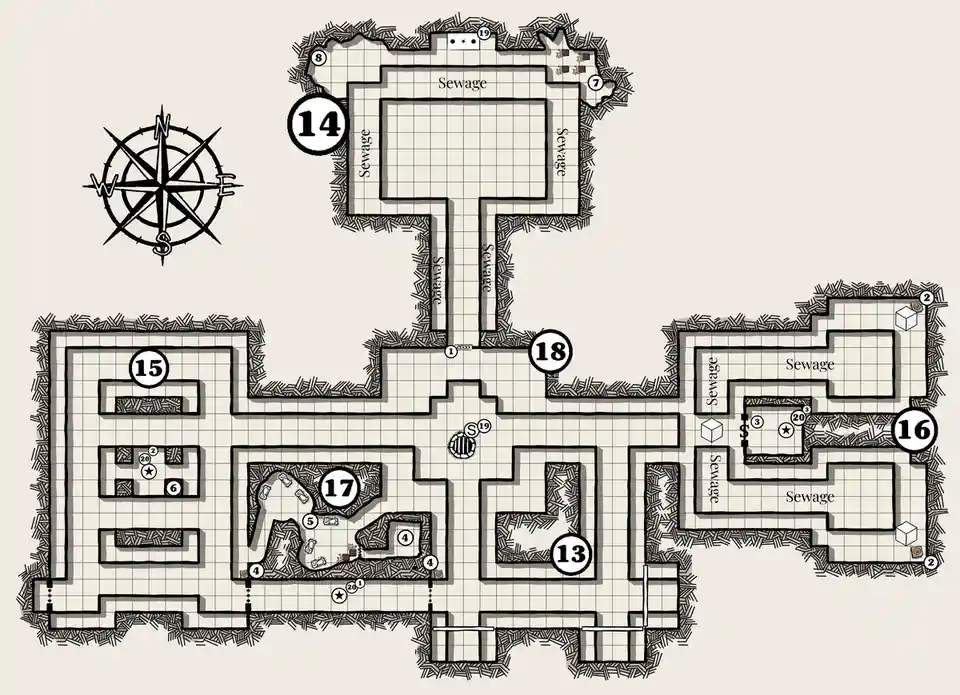 A hand-drawn, grid-based dungeon map labeled 'Sewage' with numbered rooms and a compass rose, overlaid with the text…