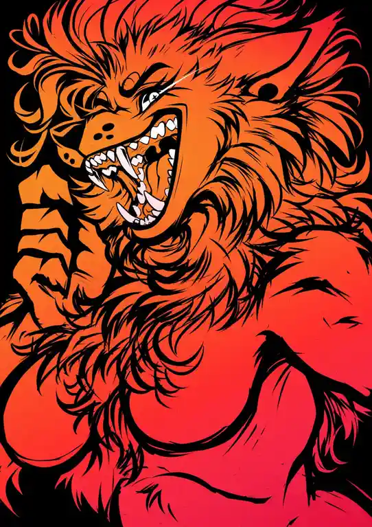 A stylized illustration of a red-orange, furry, anthropomorphic creature with sharp teeth, bared fangs, and an intense…