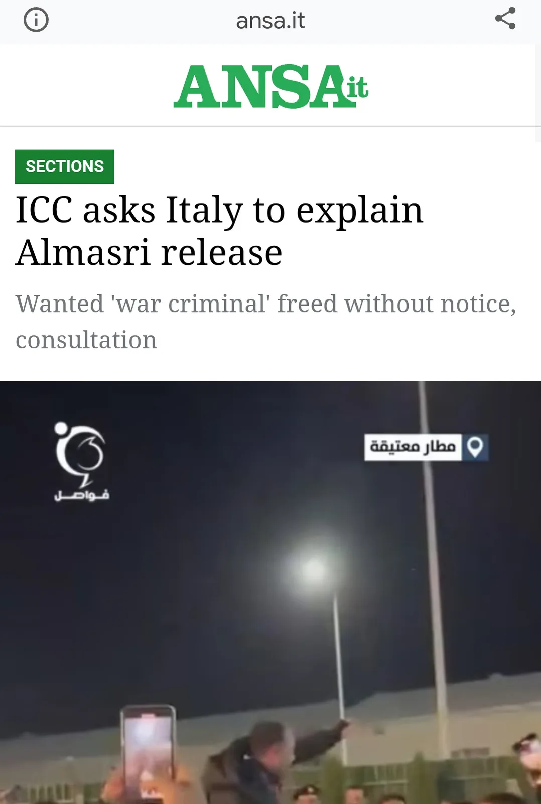 A screenshot of an ANSA.it news article with the headline 'ICC asks Italy to explain Almasri release' and subheading 'Wanted…
