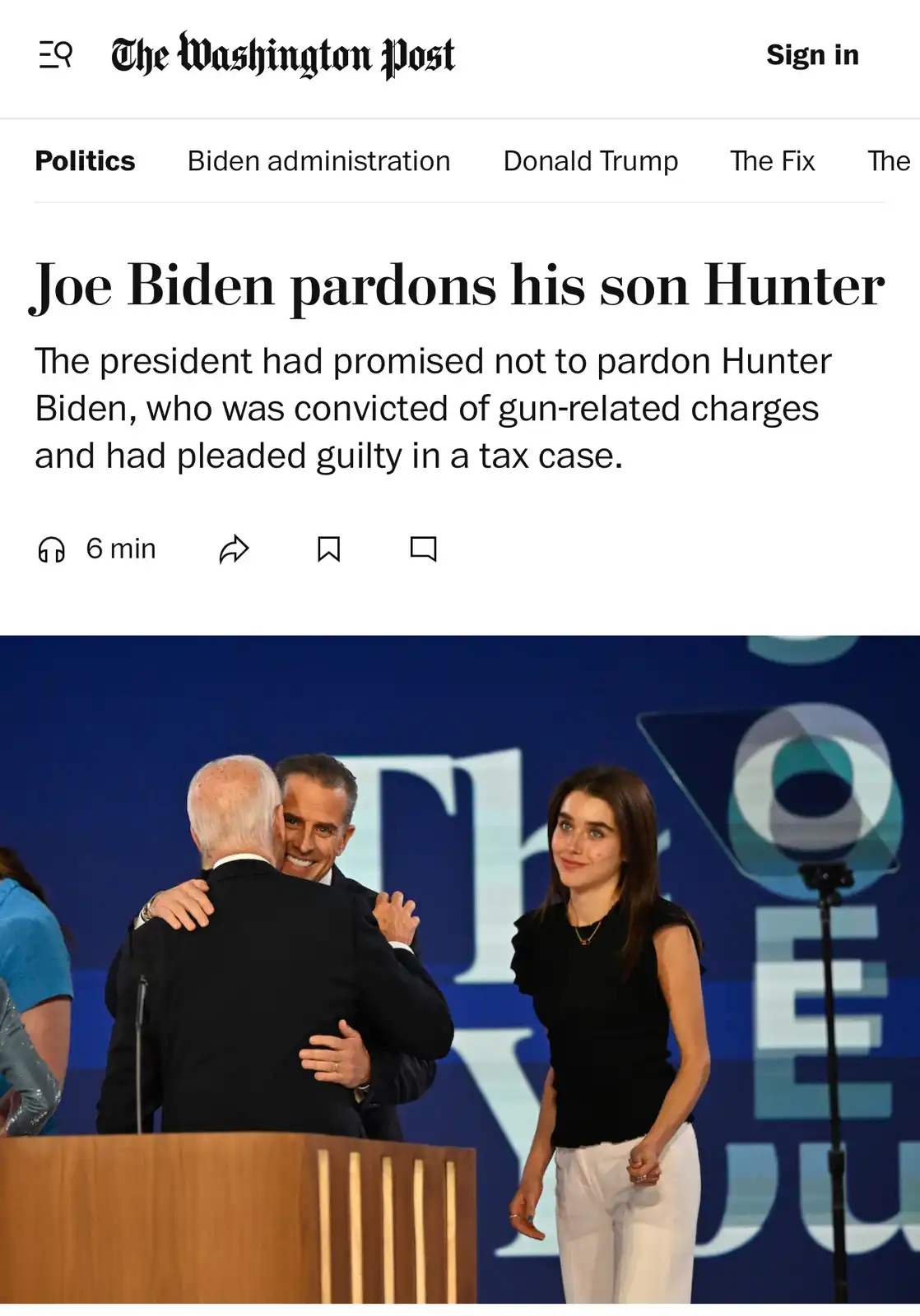 A screenshot of a Washington Post article headline about Joe Biden pardoning his son Hunter Biden, showing Biden embracing a…