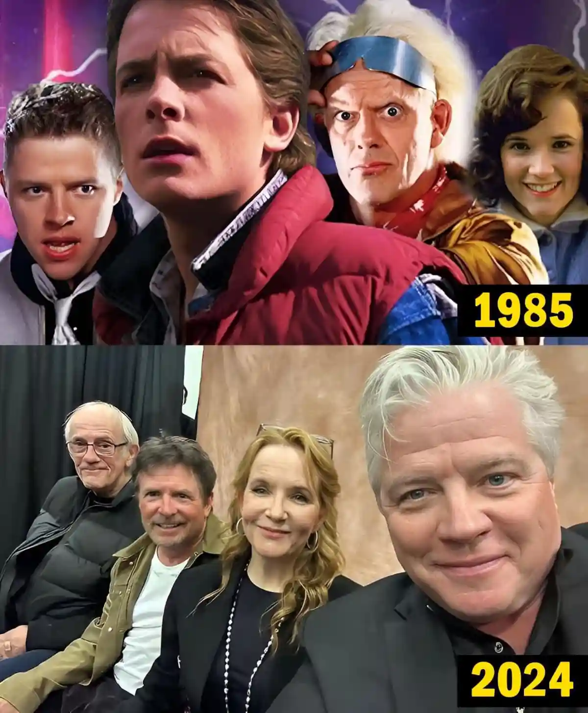 The top half shows characters from 'Back to the Future' (Marty McFly, Doc Brown, Jennifer, and a young boy) with '1985'…