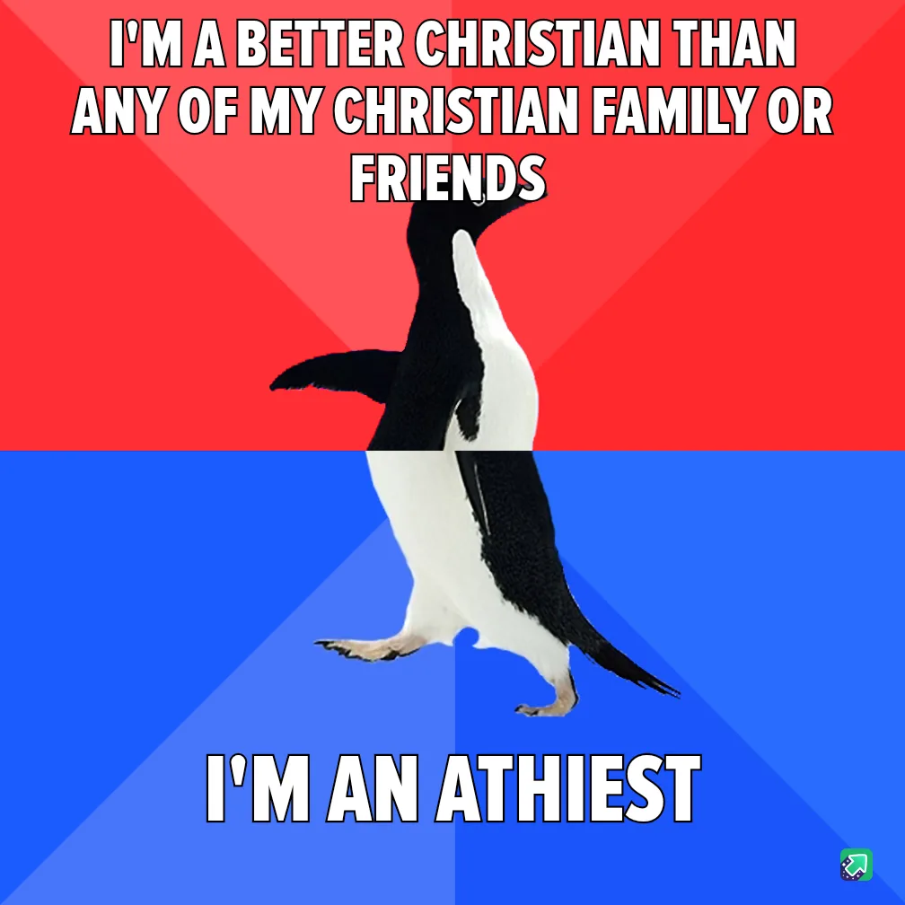 A penguin stands centered against a red and blue background, with white bold text at the top stating 'I'M A BETTER CHRISTIAN…