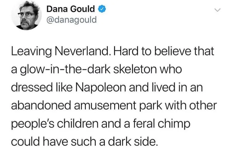 A screenshot of a tweet by Dana Gould (@danagould) with a profile picture of a man with glasses and a beard. The tweet text…