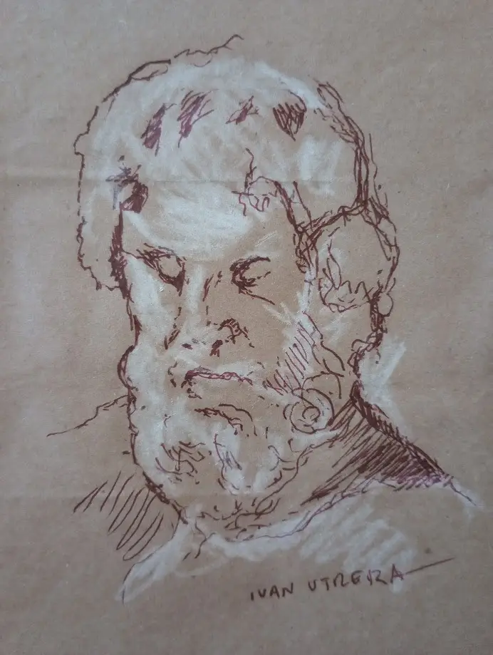A rough, reddish-brown ink sketch on brown paper depicts a man's face with a beard and intense expression, signed 'ivan…