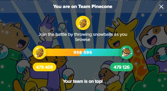 A game interface shows a scoreboard with cartoon animal characters cheering. The player is on 'Team Pinecone' with a score…