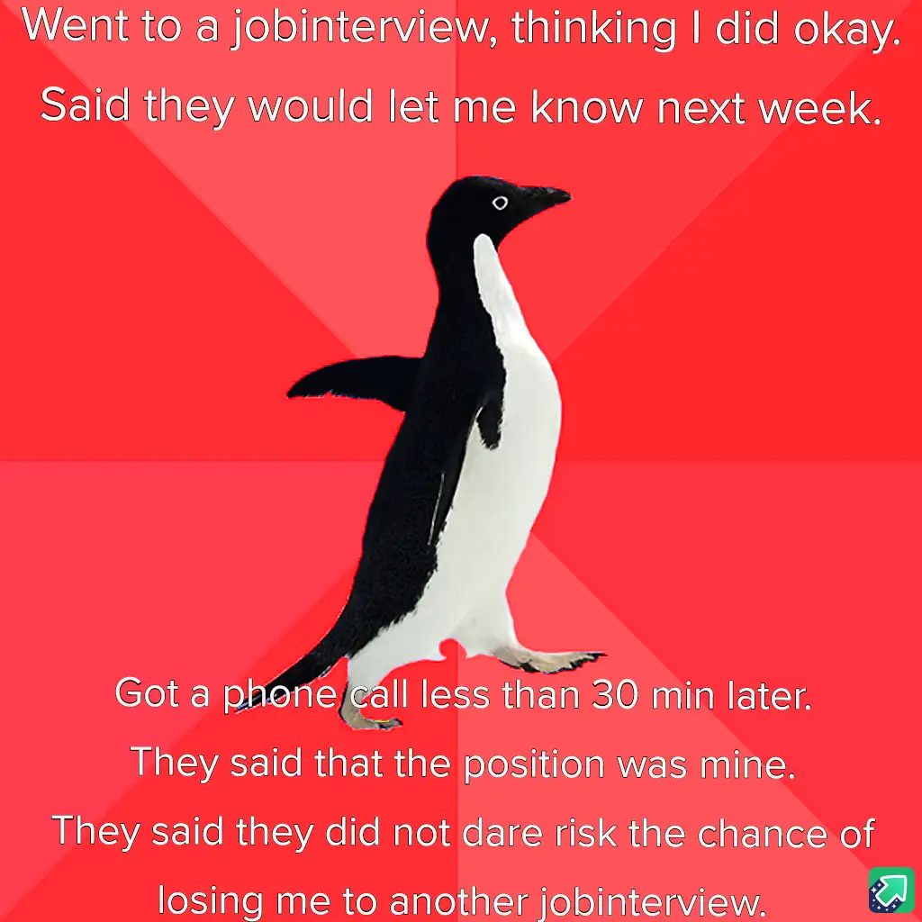 A black-and-white penguin stands against a red background with white text overlaid, telling a story about a job interview…