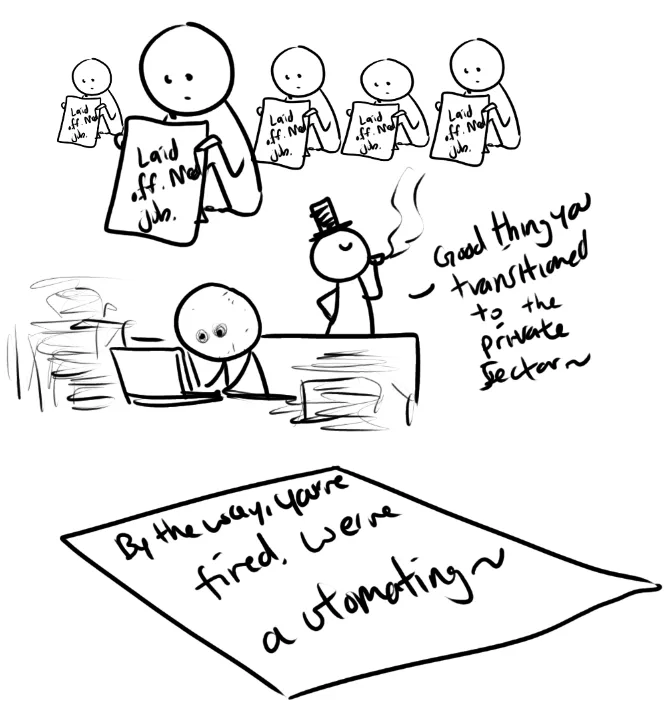 A black-and-white stick figure comic shows a group of people holding signs that say 'Laid off. No job.' while a boss smokes…