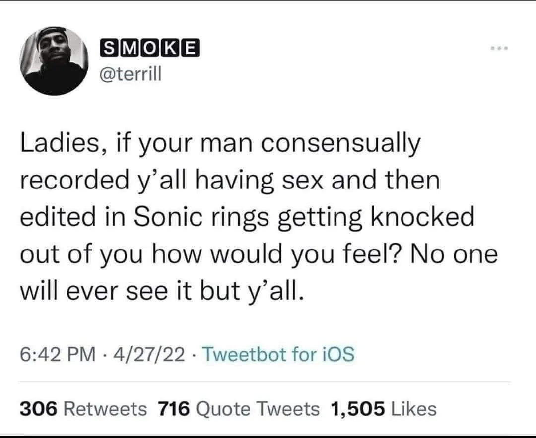 A screenshot of a tweet from user @terrill (display name 'SMOKE') asking women how they'd feel if their partner consensually…