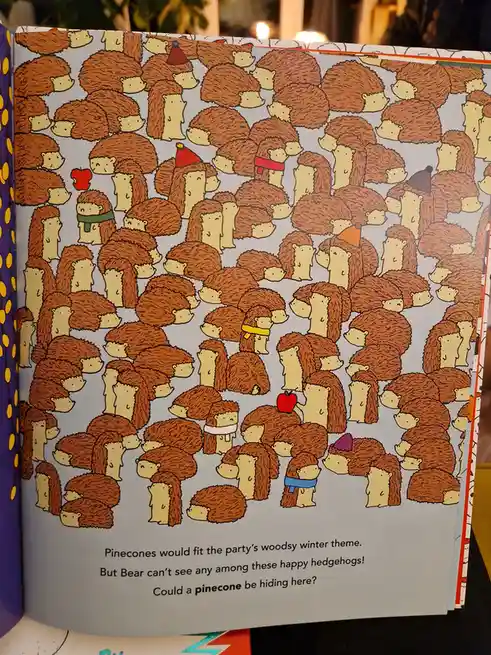 A children's book page filled with dozens of identical cartoon hedgehogs, most wearing winter hats or scarves, with a few…