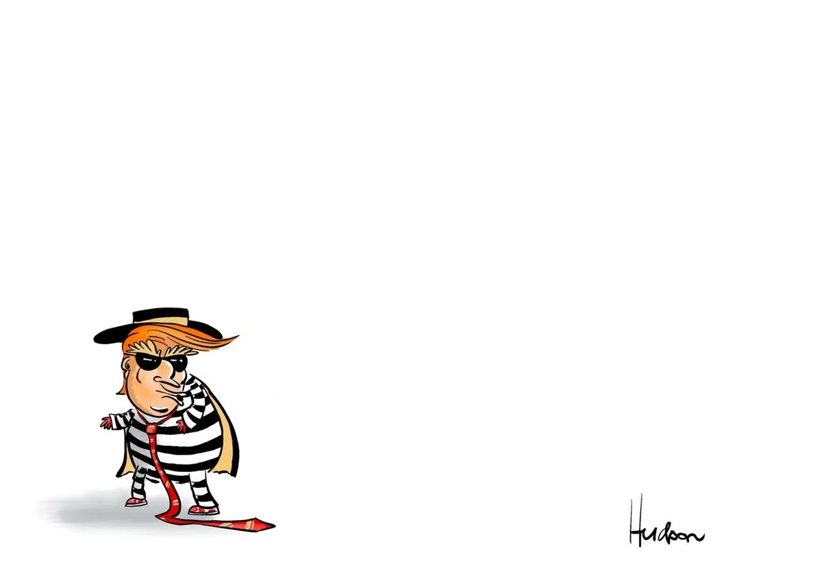 A cartoon caricature of a man with orange hair, wearing a black and white striped prison jumpsuit, a black top hat, and…
