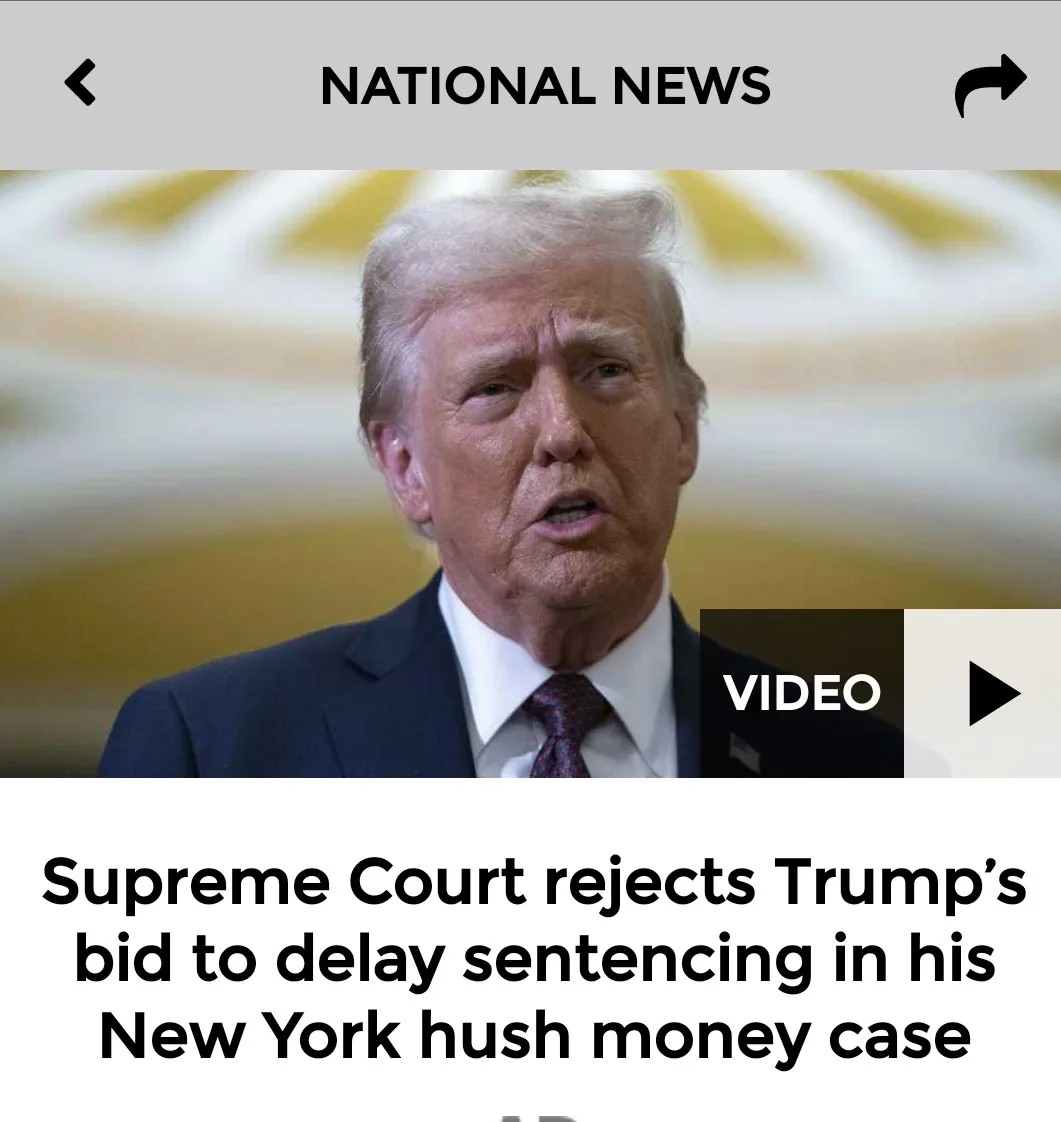 A screenshot of a news app shows a close-up of Donald Trump looking serious, with a 'NATIONAL NEWS' header and a 'VIDEO'…