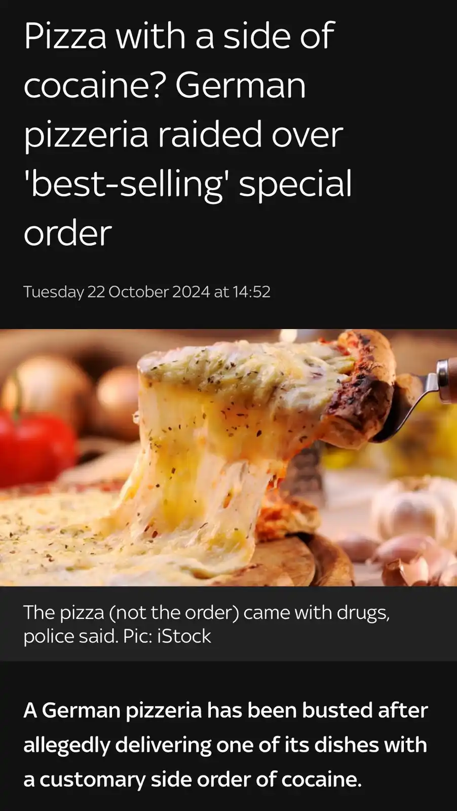 An image of a cheesy pizza slice being lifted by a fork, overlaid with text mimicking a news article headline about a German…
