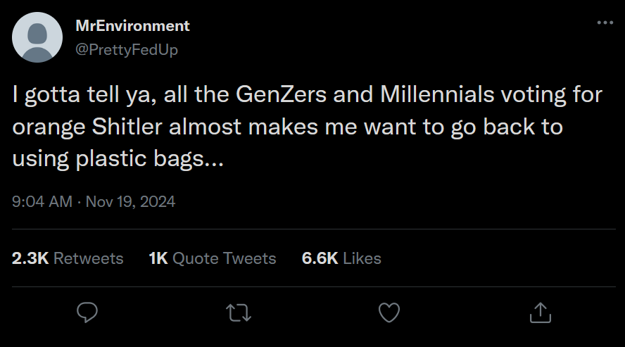 A screenshot of a tweet from user MrEnvironment (@PrettyFedUp) posted on November 19, 2024, at 9:04 AM. The tweet reads: 'I…