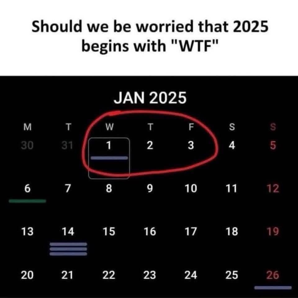 A digital calendar view for January 2025 highlights the first three days of the month — the 1st, 2nd, and 3rd — with a red…
