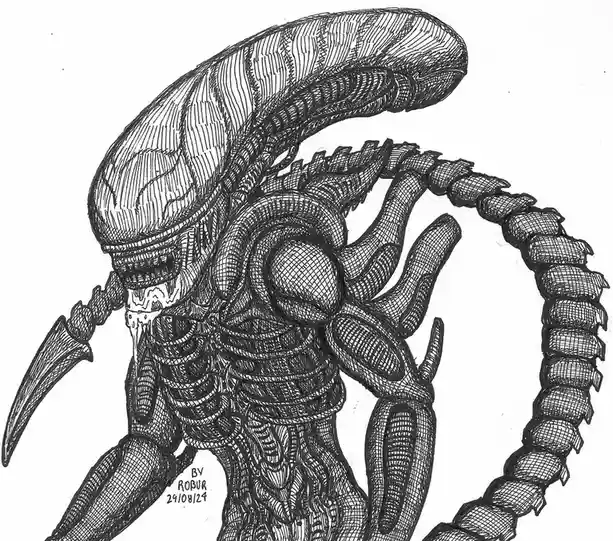 A detailed black-and-white line drawing of a biomechanical alien creature, resembling the Xenomorph from the 'Alien'…