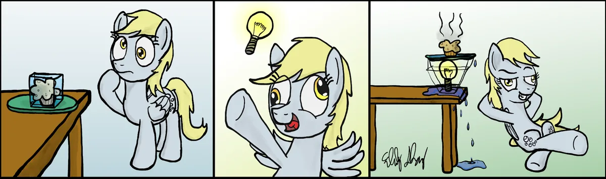 A three-panel comic strip featuring a gray pony with blonde hair. In the first panel, she stares at a cupcake frozen in an…