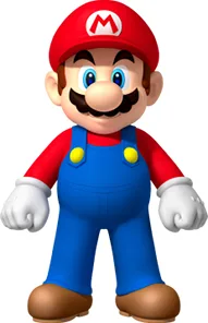 A full-body image of the video game character Mario, wearing his iconic red cap with an 'M', red shirt, blue overalls with…
