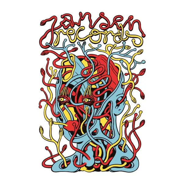 A psychedelic illustration features a stylized human head with multiple eyes, entangled in swirling red, yellow, and blue…