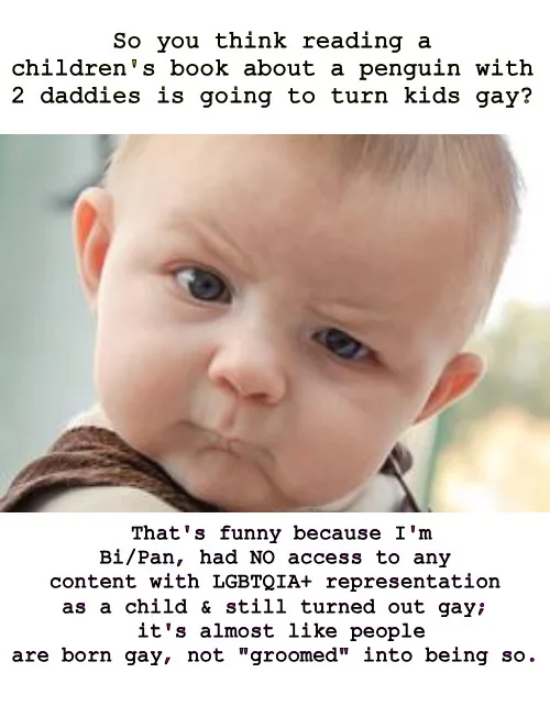 A baby with a skeptical, furrowed brow and pursed lips stares at the viewer. The image is split into two text blocks: the…