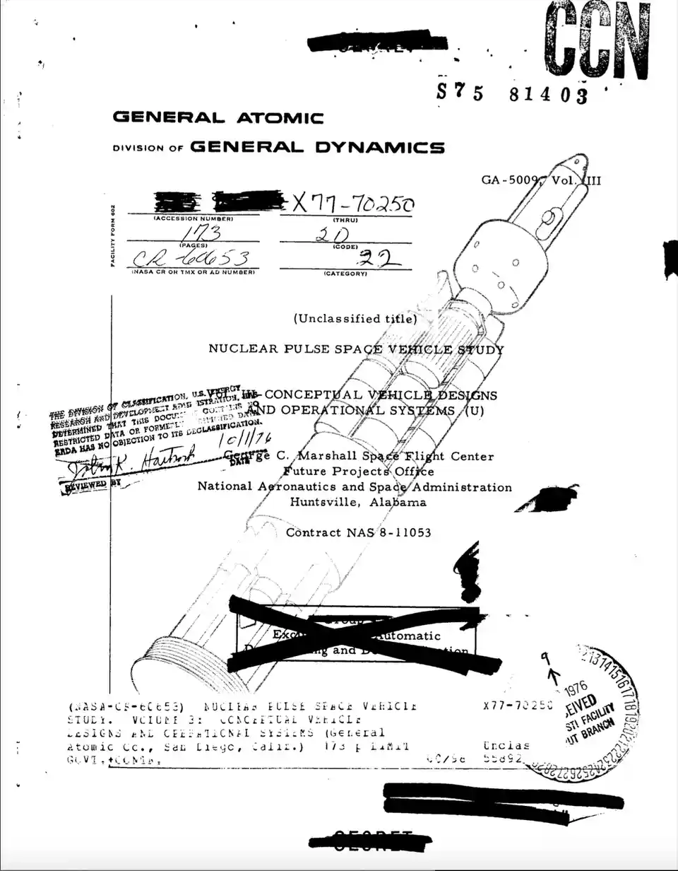 A black-and-white declassified document from General Atomic, showing a technical drawing of a conceptual nuclear pulse…