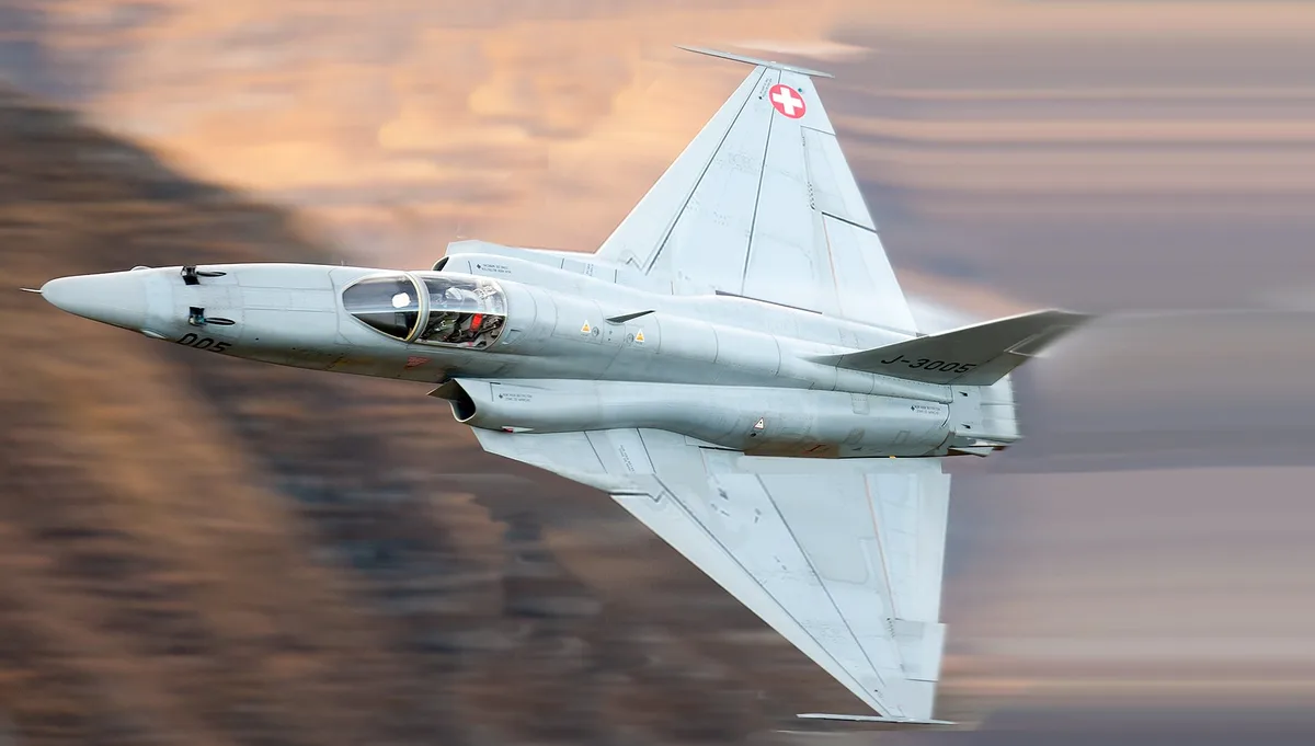 A silver Swiss Air Force F-5E Tiger II fighter jet, marked with the Swiss cross on its tail and the serial number J-3005, is…