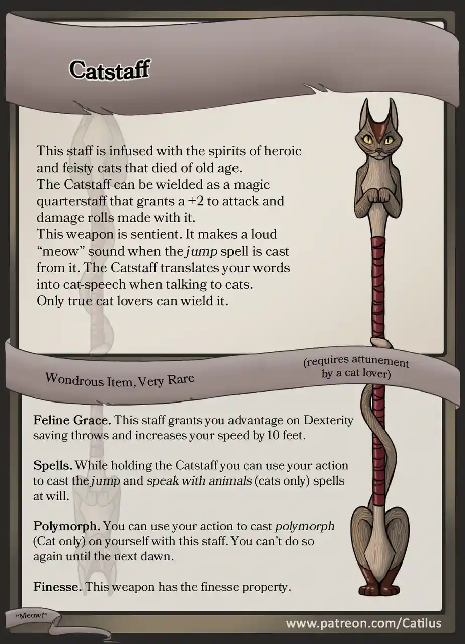 This image displays a fictional D&D-style magic item card titled 'Catstaff,' featuring a staff topped with a cat's head and…