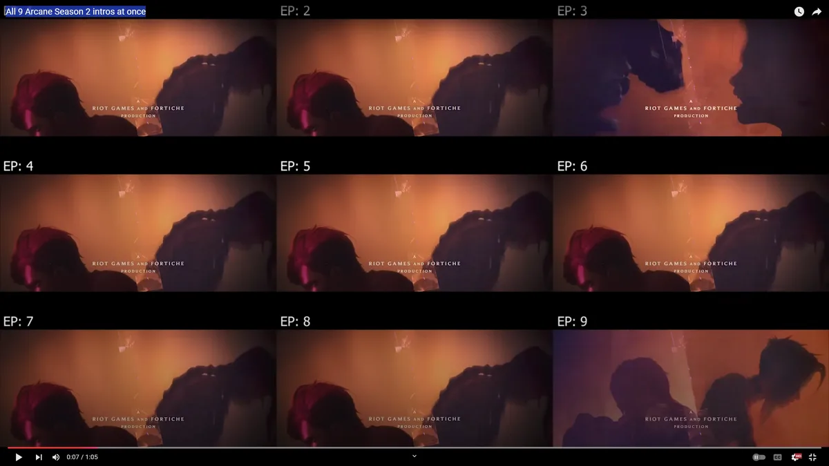 A video player interface shows nine identical intro frames from Arcane Season 2, labeled EP: 2 through EP: 9, all depicting…