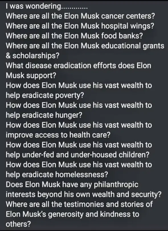 A dark gray background displays a list of questions in white text, all beginning with 'Where are all the Elon Musk...' or…