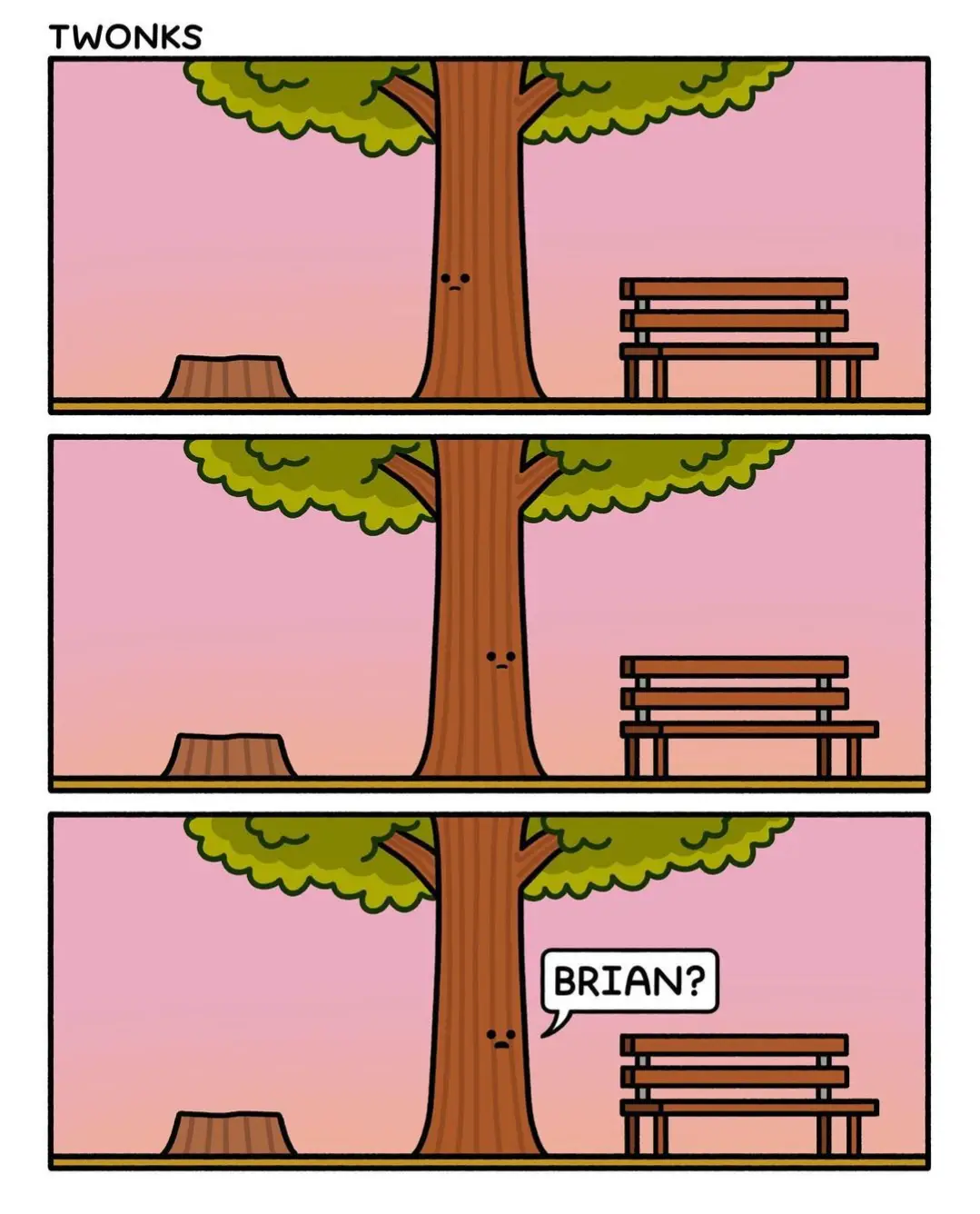 A three-panel comic strip by 'TWONKS' shows a cartoon tree with a sad face next to a park bench and a tree stump. In the…