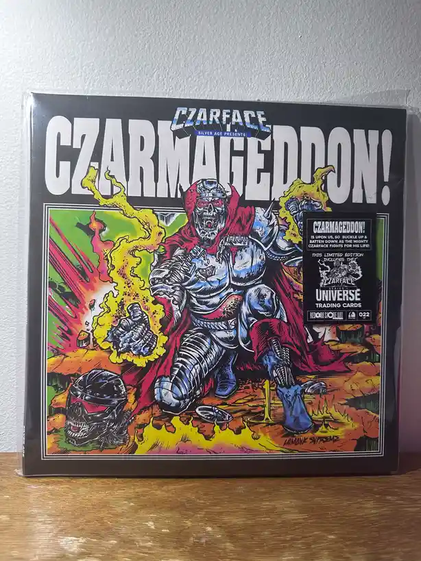 A vinyl record album cover for 'Czarmageddon!' by Czarface, featuring a comic-book style illustration of a skeletal, armored…