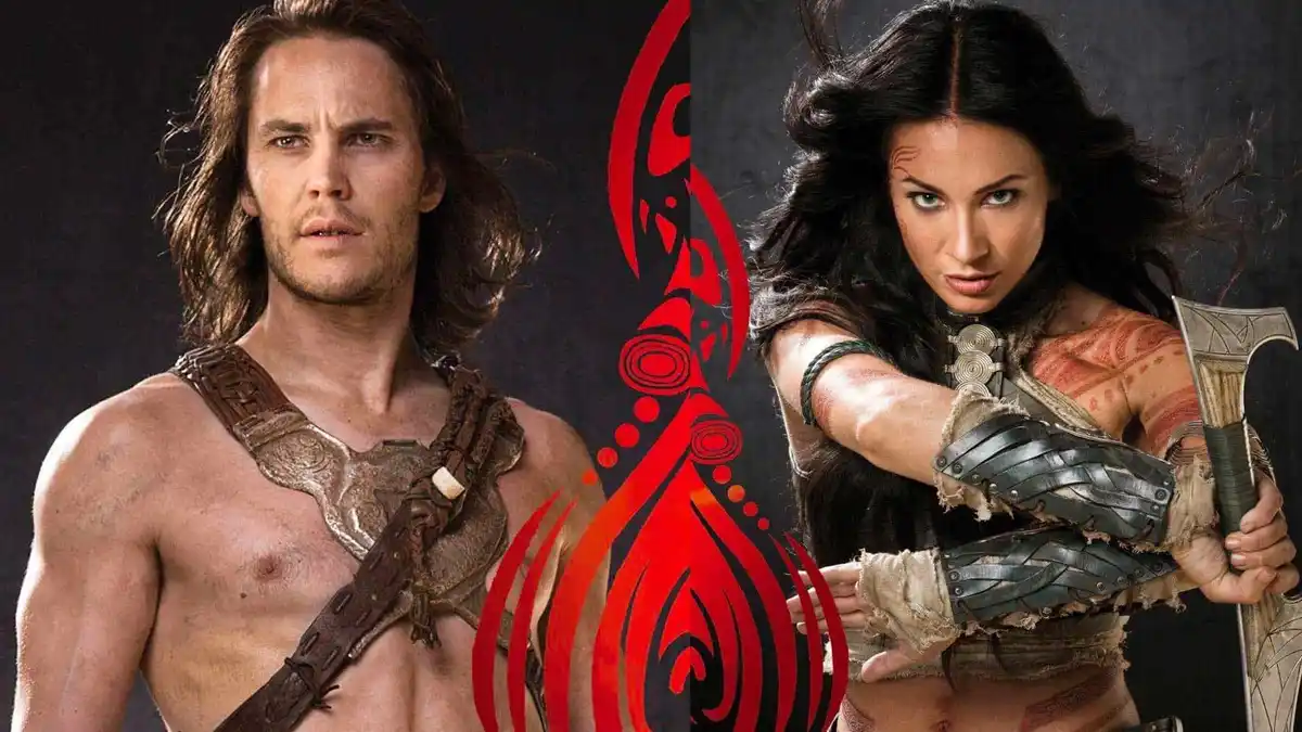The image shows two characters from the movie 'The Chronicles of Riddick' — a man with long brown hair and a leather harness…