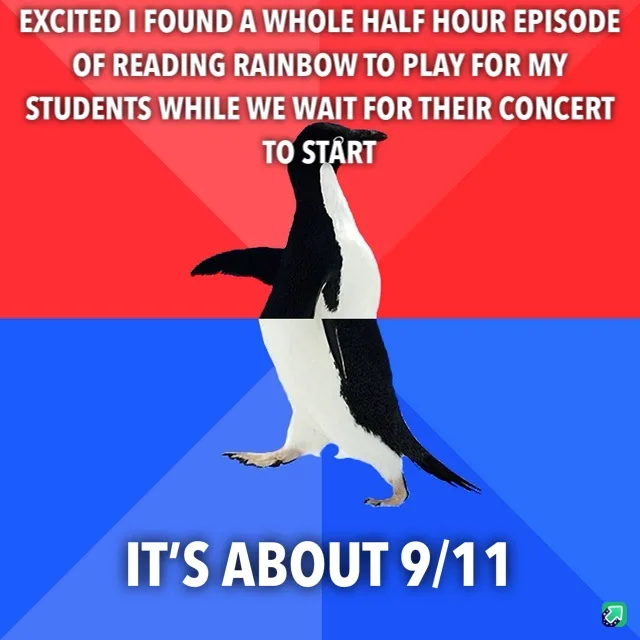 A penguin stands upright against a red and blue background, with white text overlaid. The top text reads 'EXCITED I FOUND A…