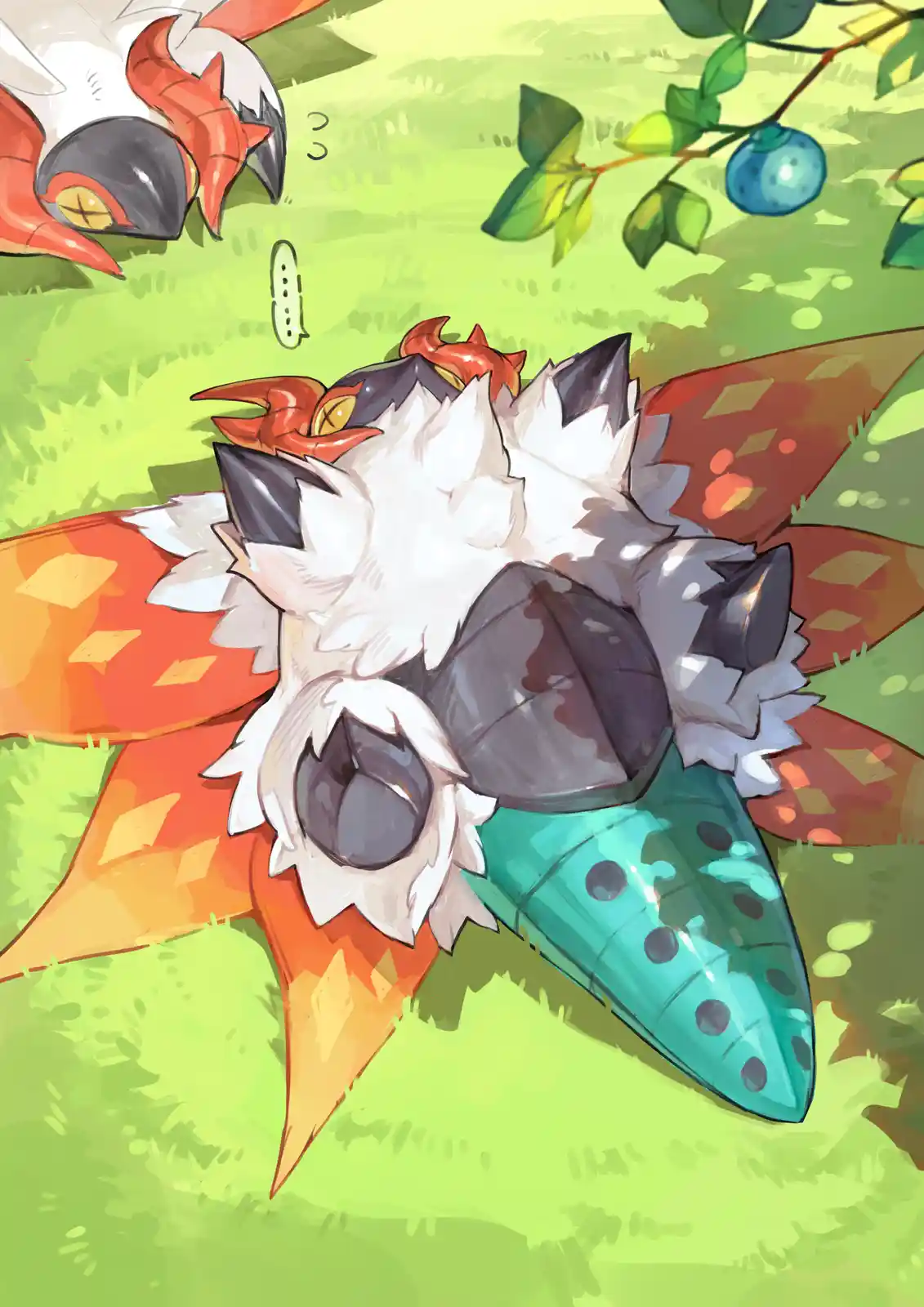 A cartoonish, spiky, orange-and-white creature with a teal tail lies sprawled on green grass, appearing to nap. Another…