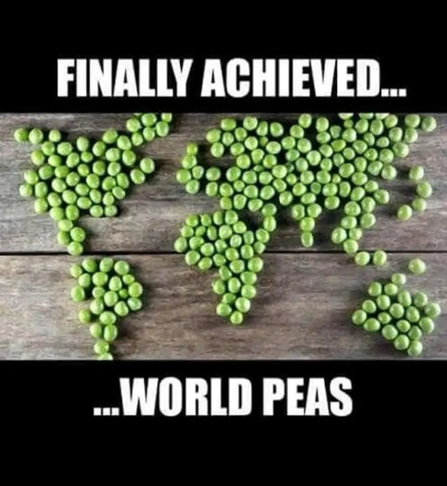The image displays a world map creatively formed from green peas arranged on a wooden surface. The text at the top reads…