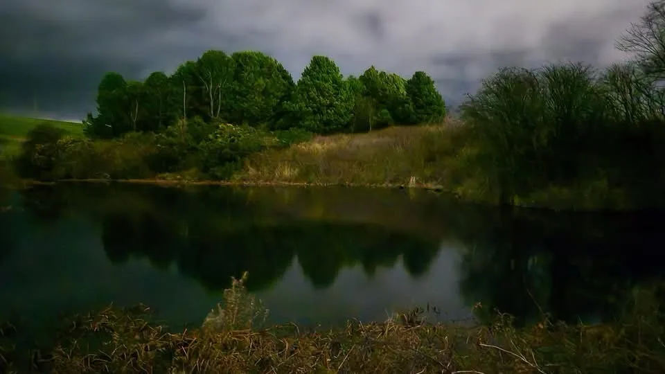 A moody, dark landscape photo of a calm lake reflecting a line of green trees under a stormy, overcast sky. The foreground…