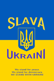 The image displays the Ukrainian national flag with blue and yellow horizontal stripes. Centered is the Ukrainian trident…